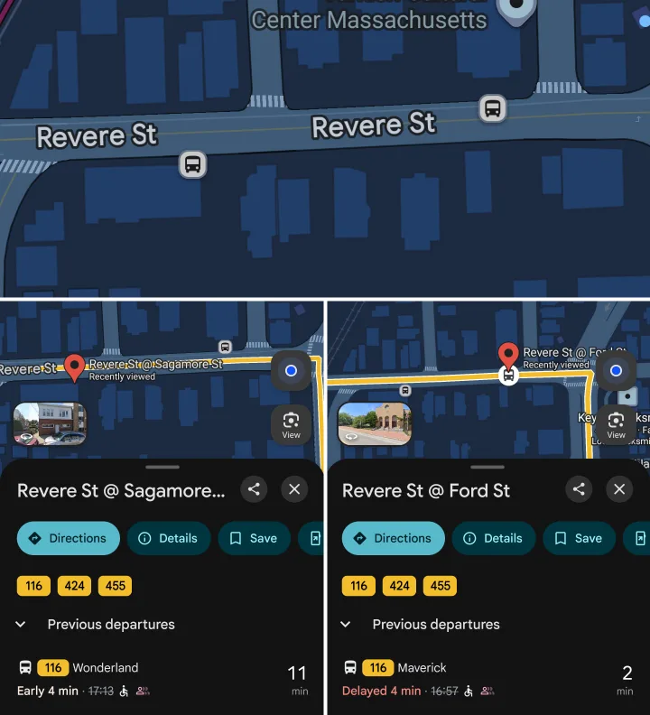 Google Maps screenshot of bus stop icons